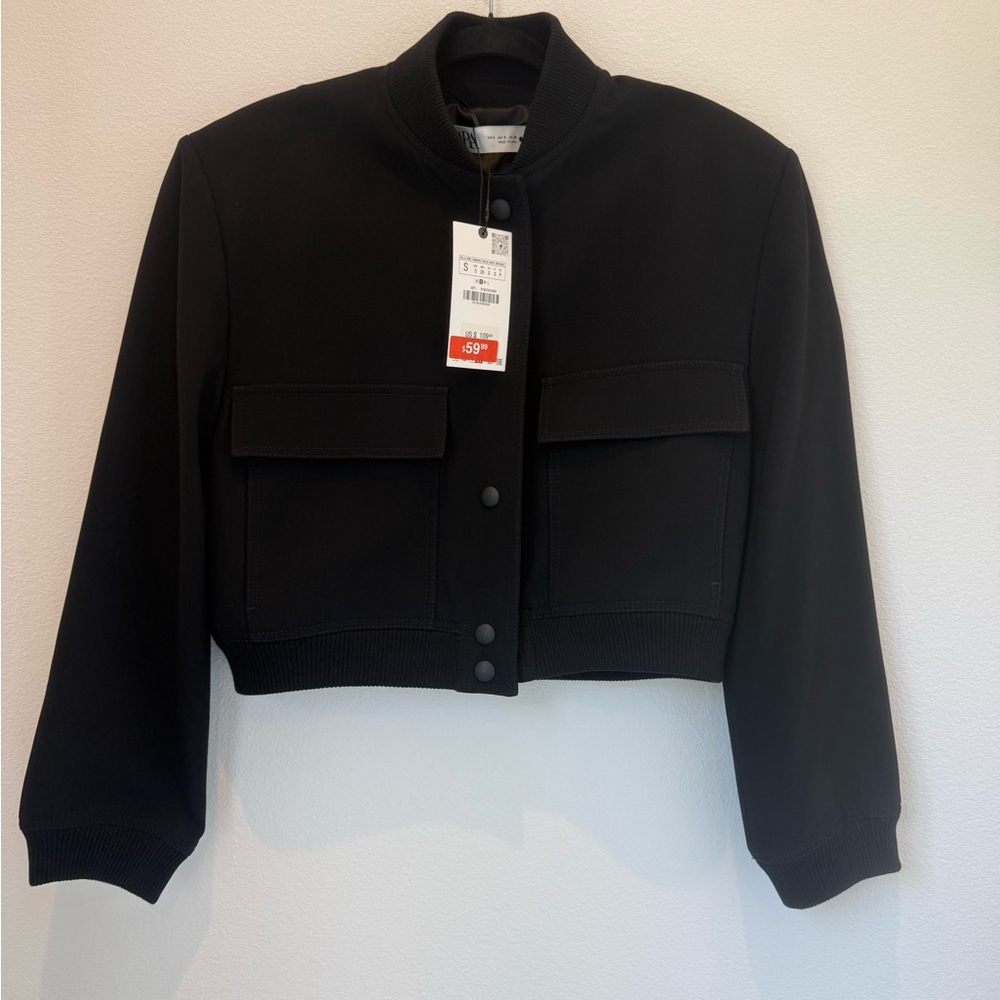 Zara Black Bomber Jacket with Stand-Up Collar